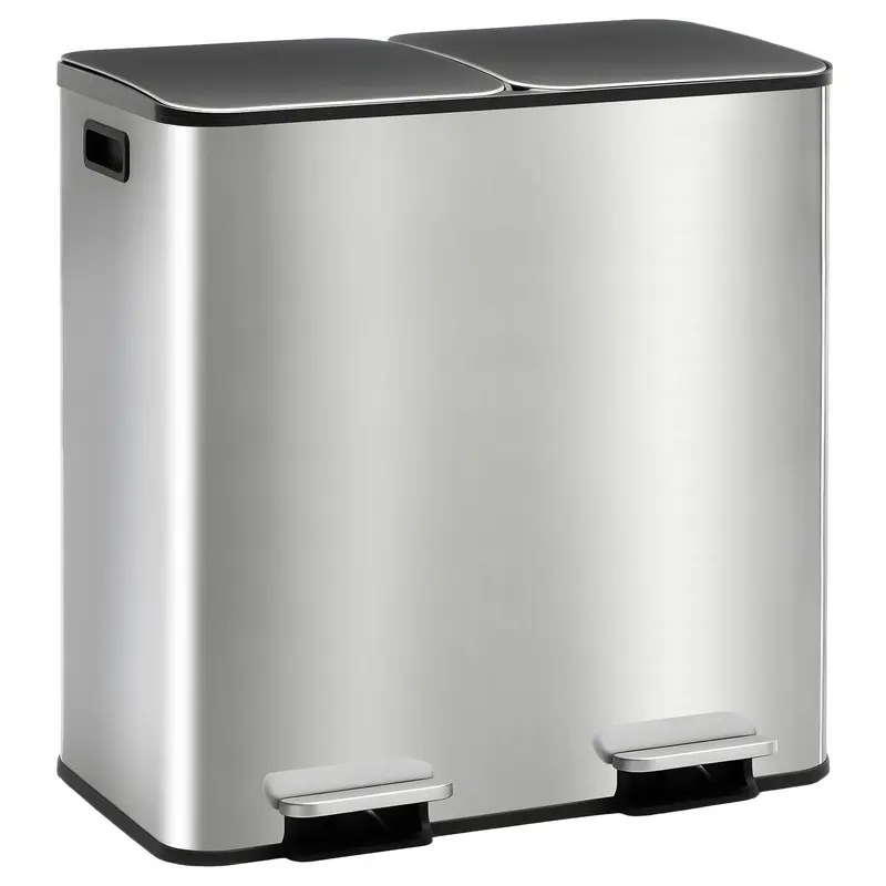 Bote de Basura de Cocina de 16 Galones de Acero Inoxidable, Doble Compartimento, Tapa con Pedal, Antihuellas e Impermeable, para Hogar y Oficina
