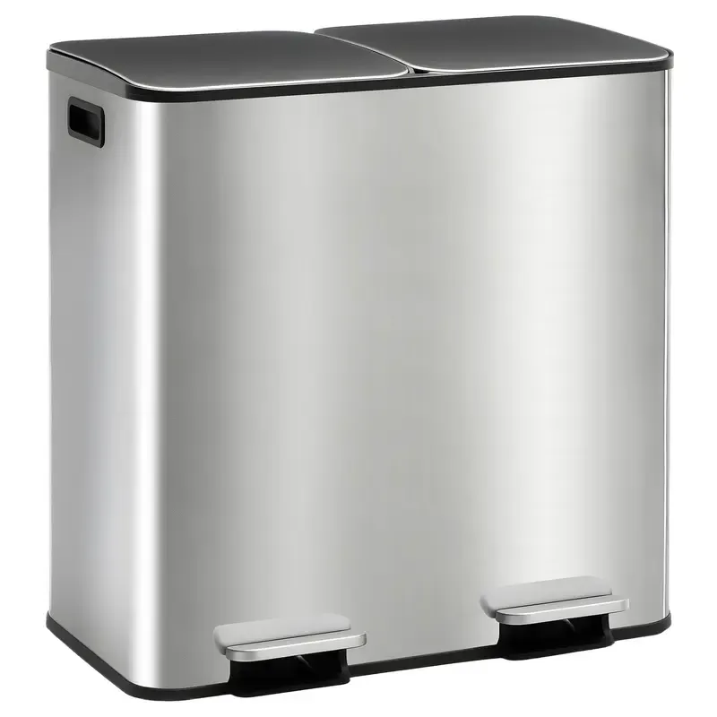 Bote de Basura de Cocina de 16 Galones de Acero Inoxidable, Doble Compartimento, Tapa con Pedal, Antihuellas e Impermeable, para Hogar y Oficina