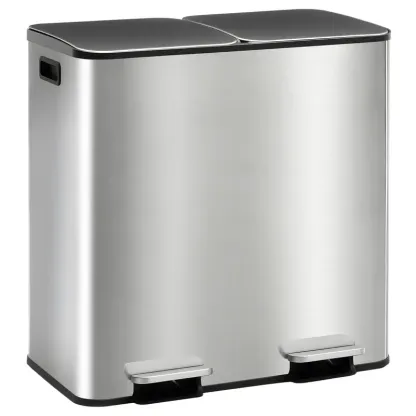 Bote de Basura de Cocina de 16 Galones de Acero Inoxidable, Doble Compartimento, Tapa con Pedal, Antihuellas e Impermeable, para Hogar y Oficina