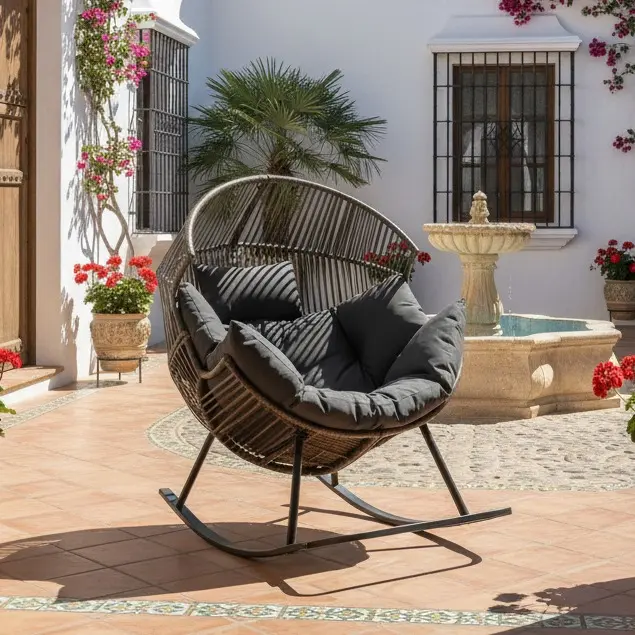 Sillón mecedora de mimbre para interiores y exteriores; silla tipo huevo de gran tamaño con cojín y capacidad de carga de 450 libras; ideal para dormitorio, balcón o jardín.