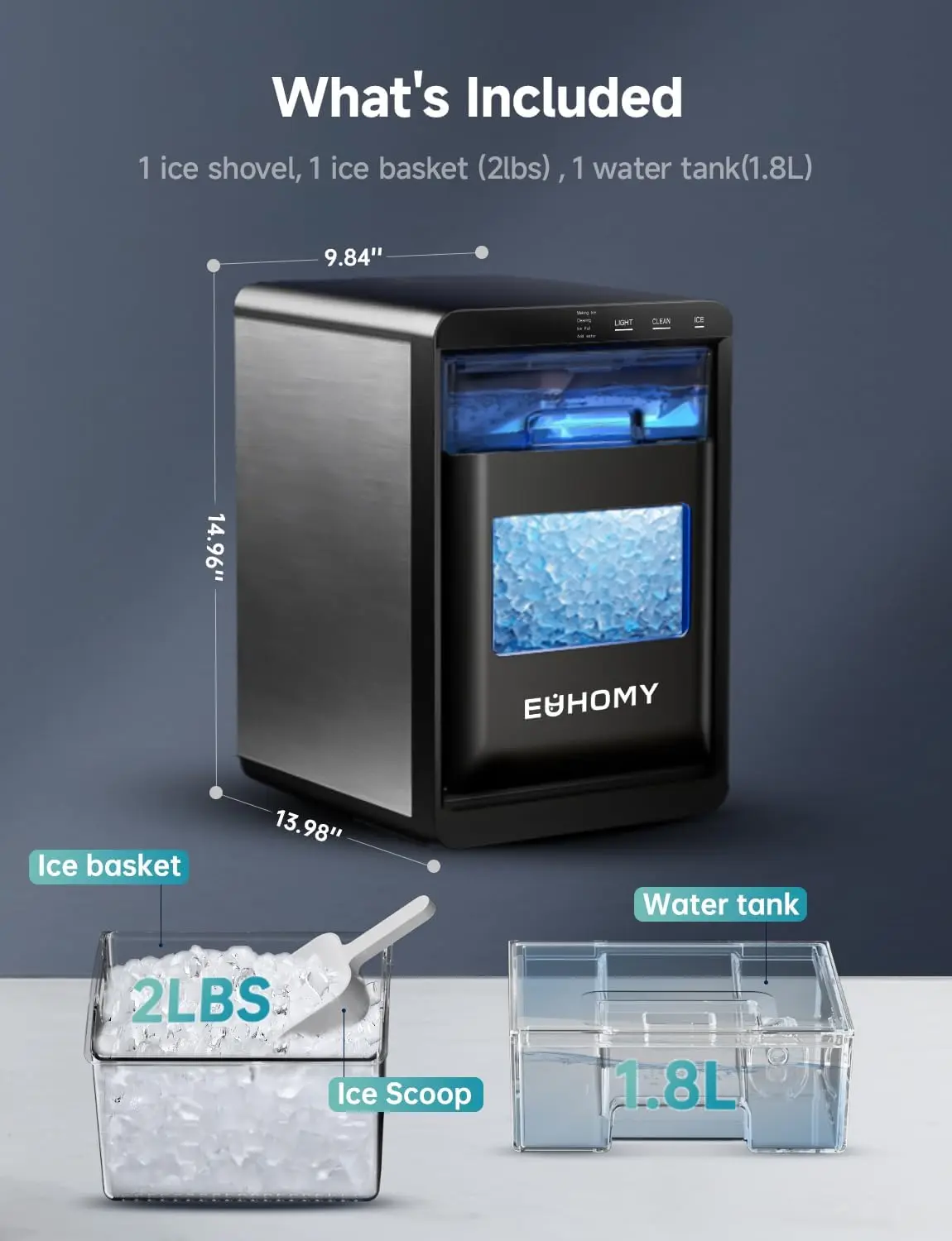 Máquina de hielo en pepitas (nugget) para encimera, capacidad de 44 libras/24 horas, autolimpiable, incluye pala y cesta; ideal para hogar, cocina u oficina (negro).
