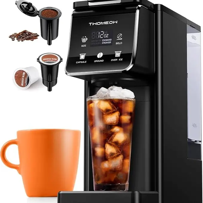 Cafetera Individual para Café Caliente y Frío, Compatible con K-Cup y Café Molido, Filtro Reutilizable, Café Intenso, Compacta y de Preparación Rápida, Negra