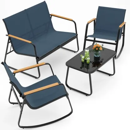 Juego de muebles de patio modernos de 4 piezas, resistente conjunto para zona de conversación: resistente a la intemperie, estable y con reposabrazos de madera; incluye 2 mecedoras y mesa de centro para patio o balcón.