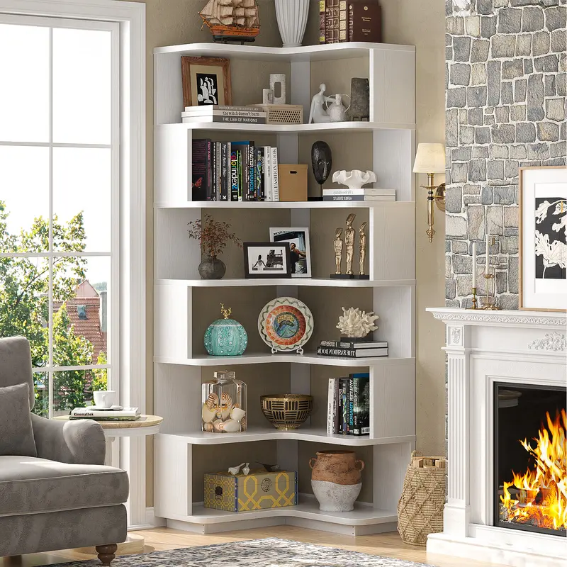 Estantería esquinera de madera, librería independiente en forma de L con panel divisorio, mueble expositor robusto con estantes para oficina en casa, sala de estar y dormitorio.