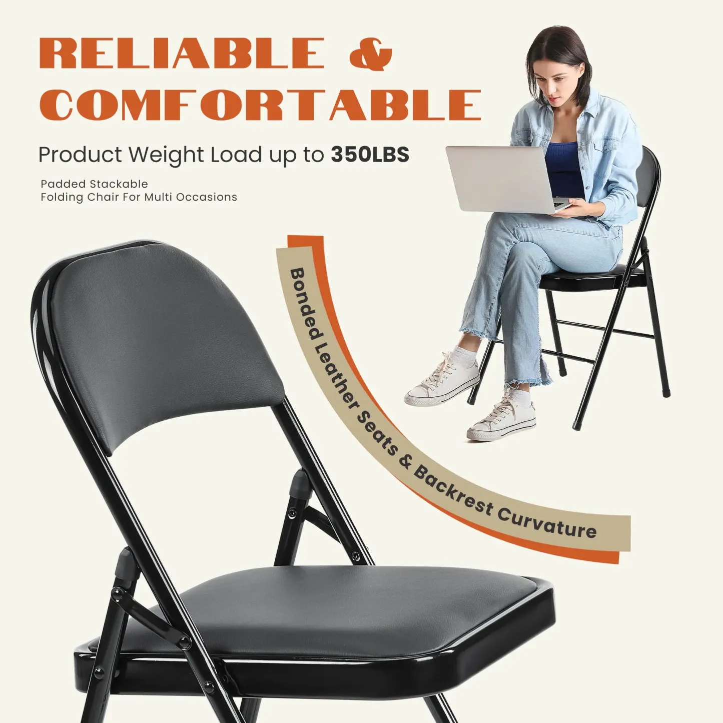 【Paquete económico】 Silla plegable con asiento acolchado en piel, estructura metálica robusta, asiento versátil para uso en interiores y exteriores.