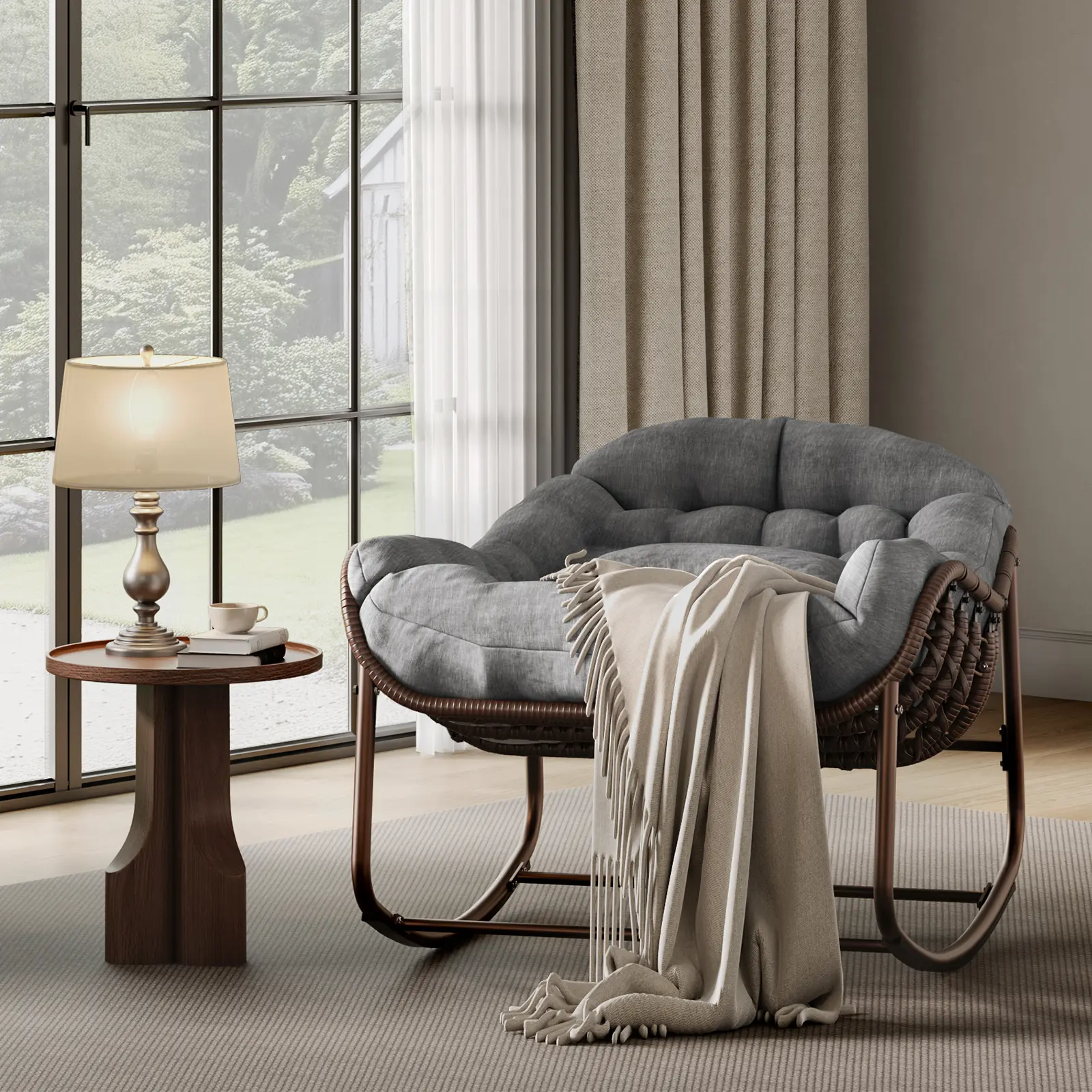 Silla Mecedora Tipo Huevo Papasan XL para Exterior, de Ratán Sintético, con Cojín Grueso Impermeable, Estructura Metálica Reforzada, Ideal para Balcón, Patio, Porche y Sala, Soporta hasta 450 lb