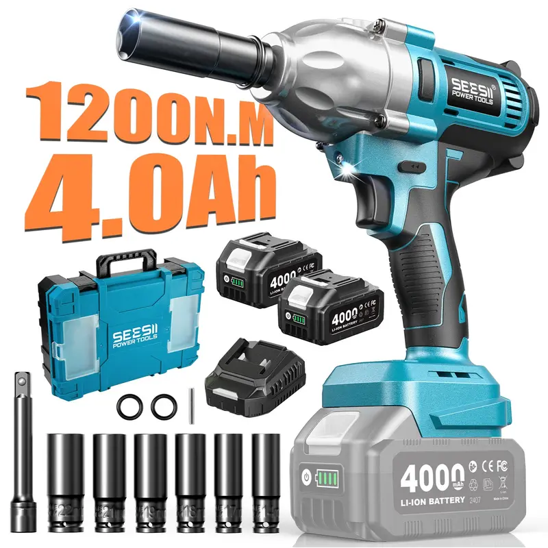 Llave de Impacto Inalámbrica 1/2" de 1200 N·m, Batería de 4.0 Ah, 3300 RPM, con 6 Dados, Atornillador de Impacto Eléctrico para Automóviles, Taller y Uso Doméstico