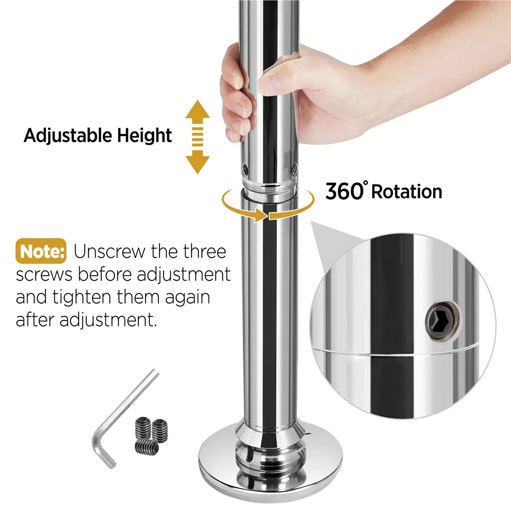 【Alta resistencia】Barra de baile profesional cromada y portátil de 45 mm; cuenta con dos modos (giratorio y estático), es desmontable y de altura ajustable (de 7 a 9 pies), ideal para uso doméstico.