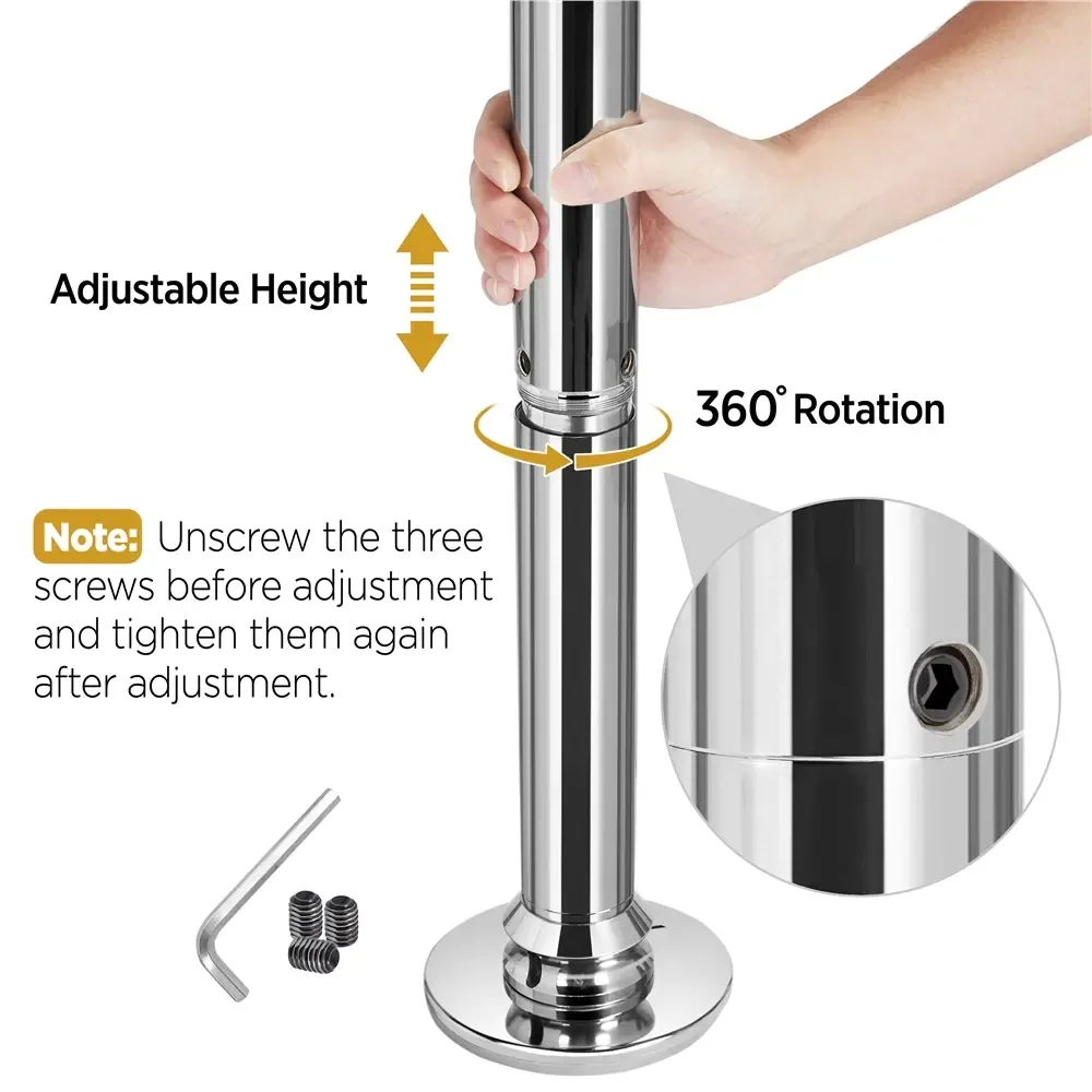 【Alta resistencia】Barra de baile profesional cromada y portátil de 45 mm; cuenta con dos modos (giratorio y estático), es desmontable y de altura ajustable (de 7 a 9 pies), ideal para uso doméstico.