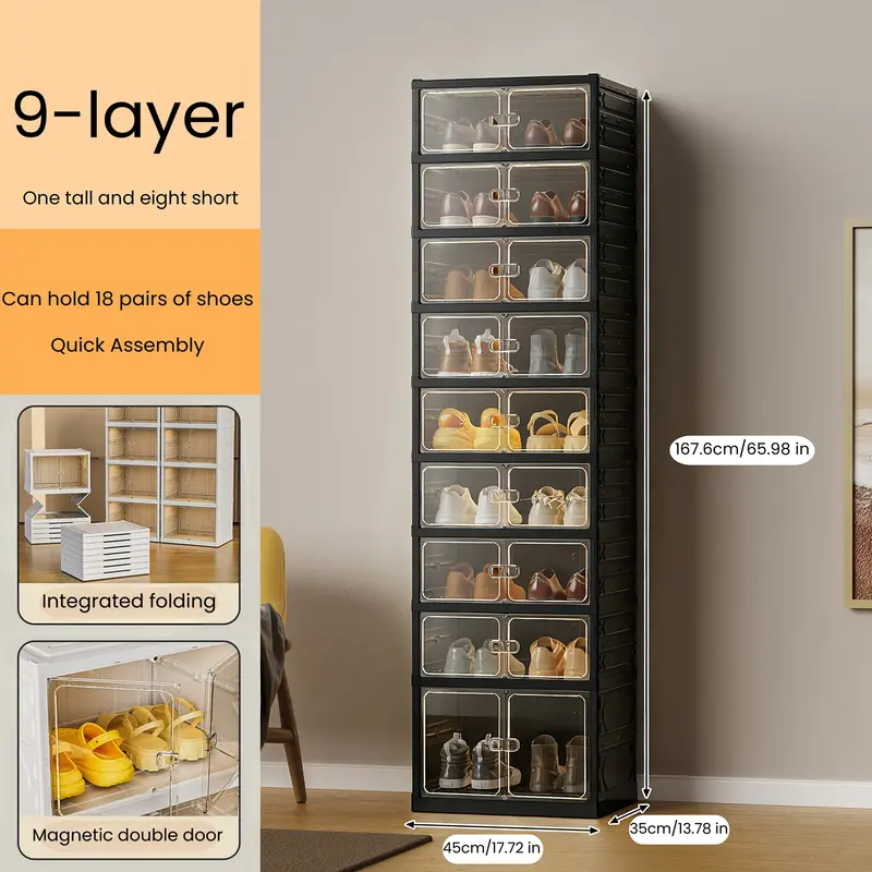 Zapatero plegable con puertas magnéticas transparentes, unidad de almacenamiento de 9 niveles para 18 pares de zapatos, diseño sencillo, gran capacidad, resistente, zapatero de plástico apilable, ahorra espacio, no requiere instalación.