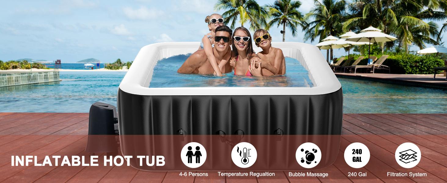 ABORON Inflatable Hot Tub, 73"X73"X25" Portable Blow Up Hot Tub for 4-6 Person, Square Outdoor Spa with 130 Bubble Jets and Heater Pump, Filter Durable inflatable pool
