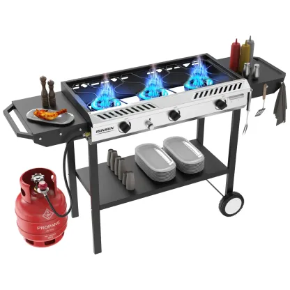 ROVSUN Estufa de gas propano para exteriores (2/3 quemadores) con encendido automático, regulador y estantes laterales — Potente cocina de pie de 150.000/225.000 BTU, ideal para cocinar en el patio trasero, elaboración casera de bebidas, envasado de alime