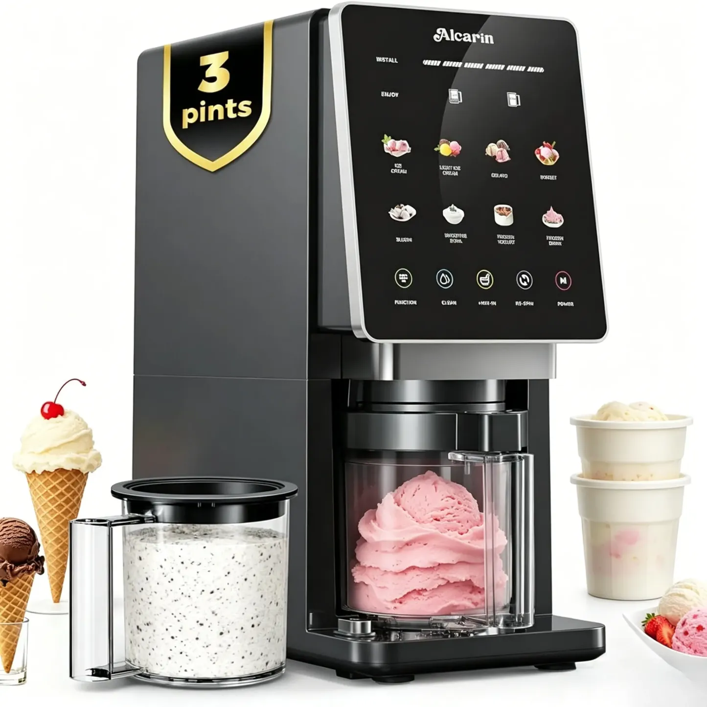 Máquina eléctrica para hacer helados de 10 funciones: 8 programas + funciones de añadir ingredientes y rebatido; para helado casero, gelato, yogur helado y más; opciones ricas en proteínas, keto, veganas y sin lácteos.