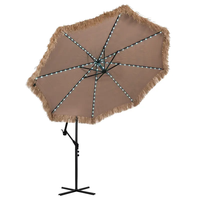 Sombrilla Tiki Solar de 15 FT para Exterior con Base, Estilo Hawaiano con 144 Luces LED Multicolor, 12 Modos, Manivela Ajustable y Diseño de Césped PE para Patio, Jardín y Piscina