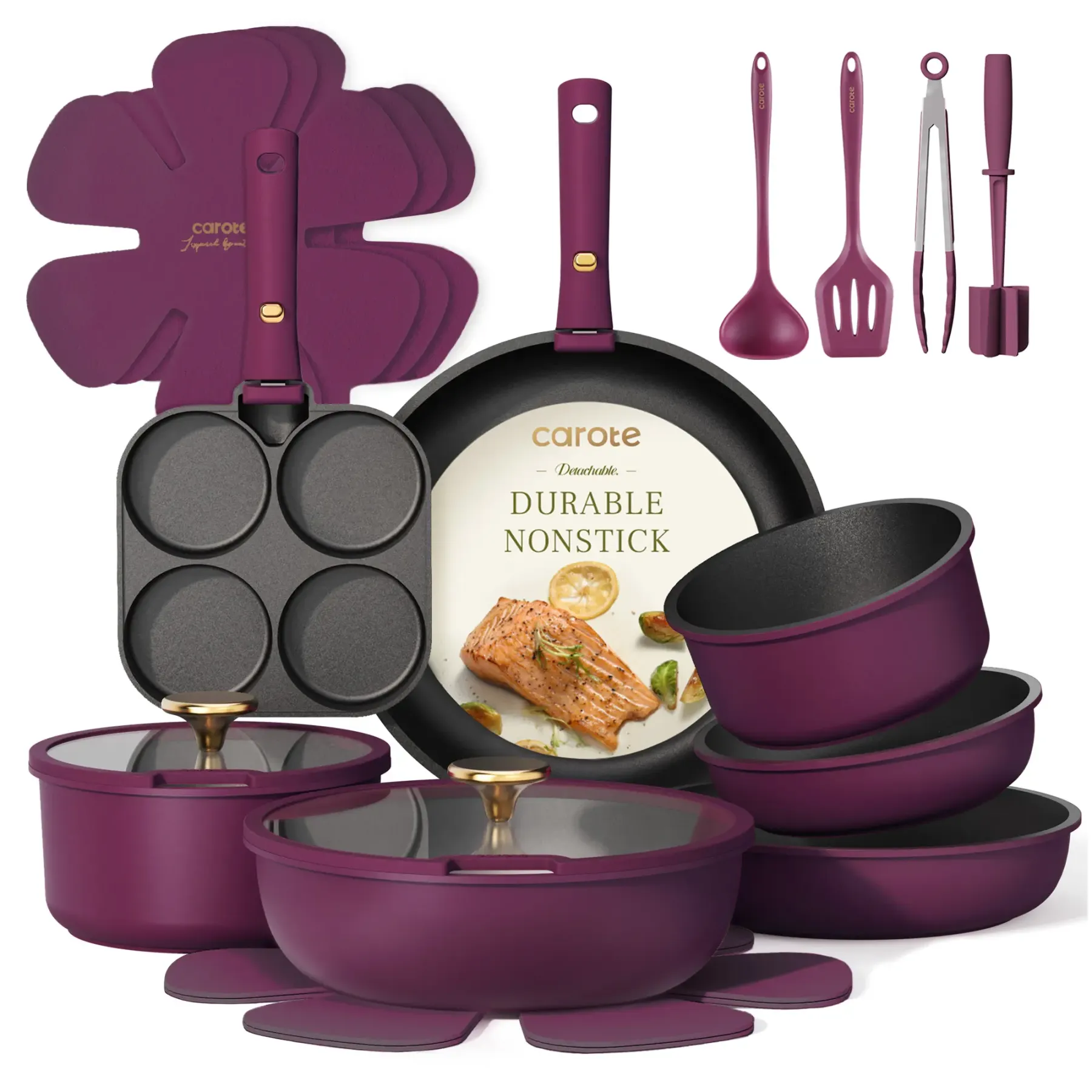 Juego de utensilios de cocina antiadherentes de 21 piezas con mangos desmontables, compatible con inducción, apto para lavavajillas, ideal para autocaravanas, en elegantes tonos dorado y morado.