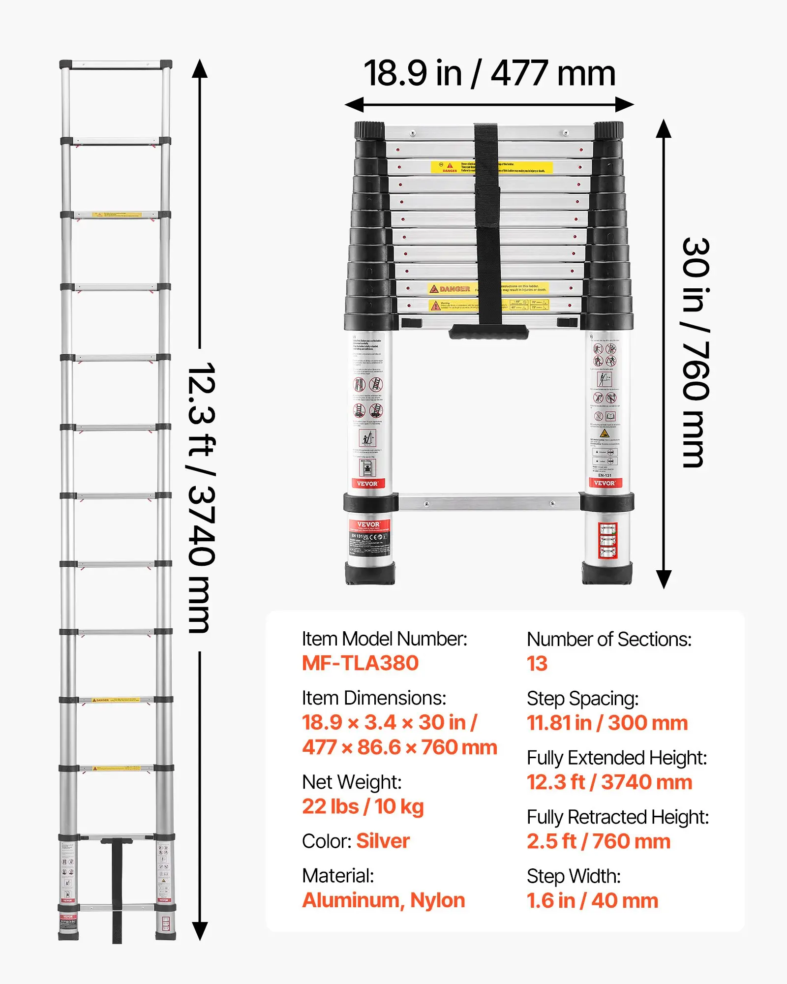 Escalera telescópica de 12.5 pies — De aluminio, ligera, multiusos y plegable — Retracción con un solo toque — Alta resistencia (capacidad máx. de 330 lb) con pies antideslizantes — Ideal para el hogar, trabajos al aire libre y acceso a desvanes.