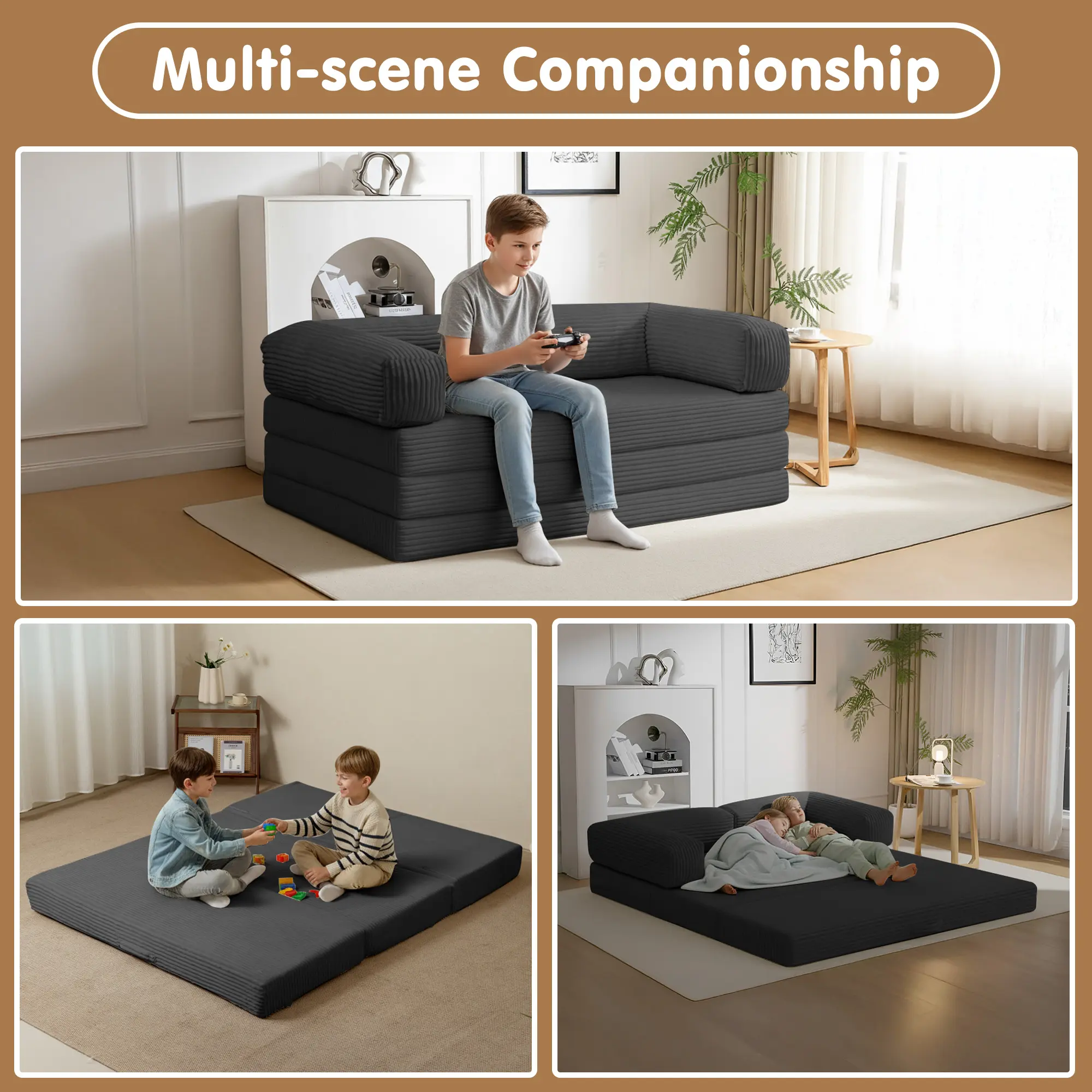 Sofá cama plegable convertible 5 en 1 (tamaño Queen) con colchón de tres pliegues y reposabrazos; sofá futón de suelo sin estructura para sala de estar, dormitorio o apartamento.