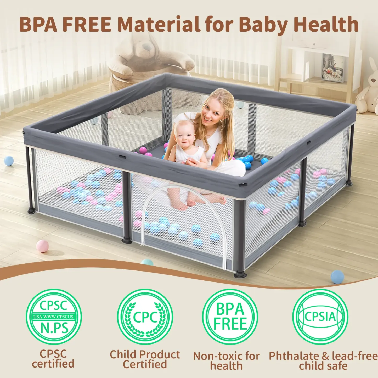 Foldable Baby Playpen 50x50 Inches with Mesh & Balls