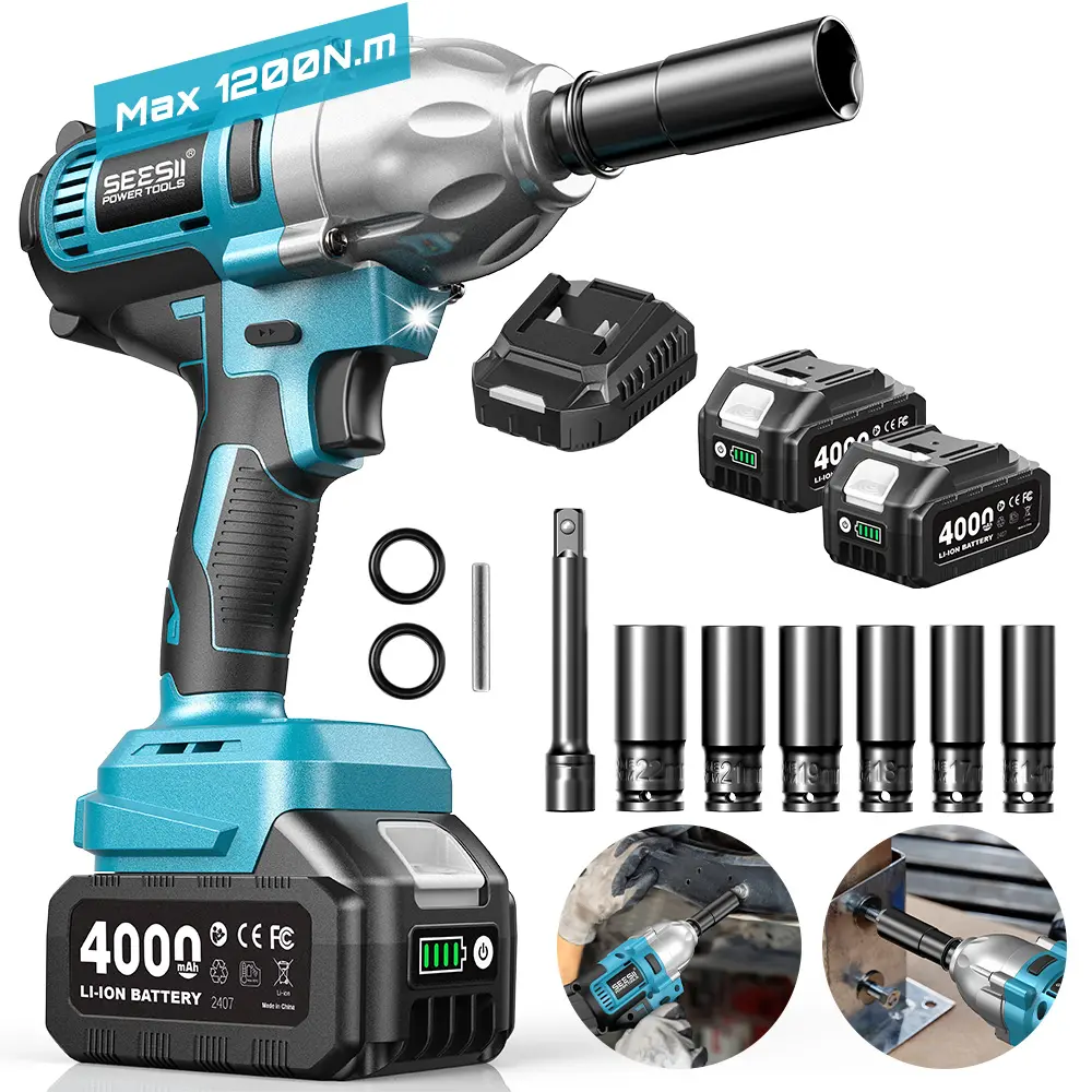 Llave de Impacto Inalámbrica 1/2" de 1200 N·m, Batería de 4.0 Ah, 3300 RPM, con 6 Dados, Atornillador de Impacto Eléctrico para Automóviles, Taller y Uso Doméstico