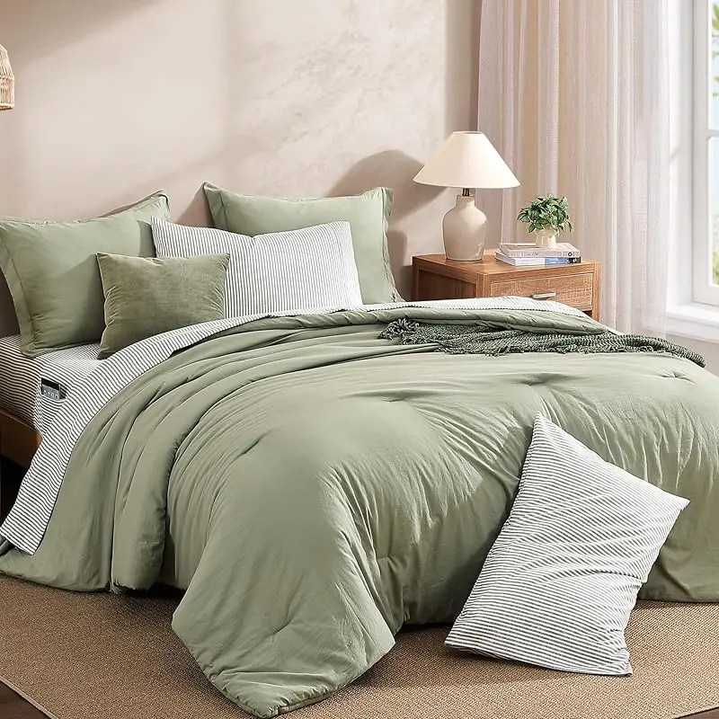 Juego de Cama de Microfibra de 7 Piezas, Edredón con Bolsillos de Doble Cara, Incluye Edredón, Sábana Plana, Sábana Ajustable y Fundas de Almohada, Estilo Moderno