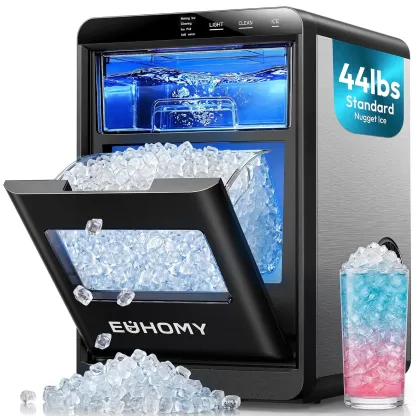 Máquina de hielo en pepitas (nugget) para encimera, capacidad de 44 libras/24 horas, autolimpiable, incluye pala y cesta; ideal para hogar, cocina u oficina (negro).
