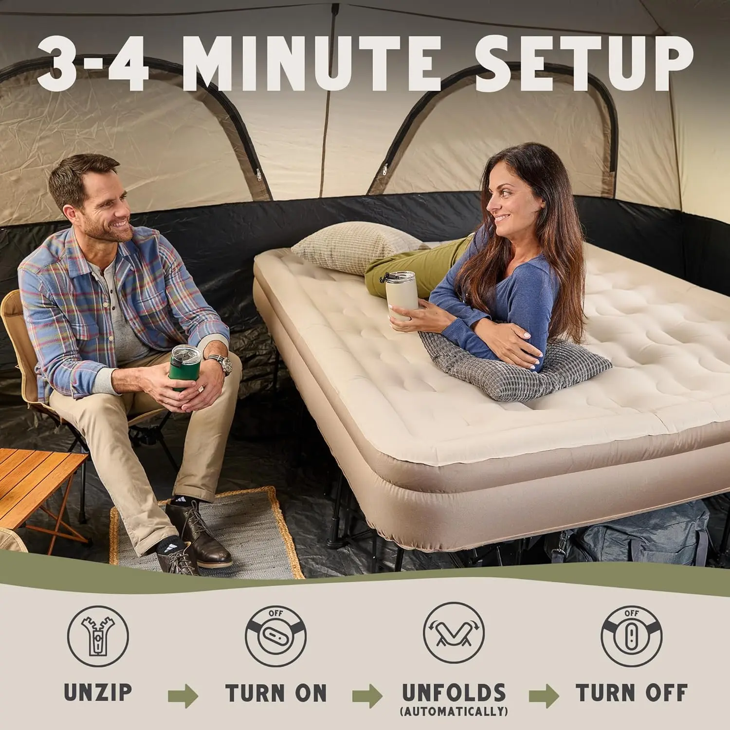 Colchón inflable tamaño Queen: capacidad de 660 libras, garantía de 5 años, autoinflable en 3-4 minutos, bomba a batería y estructura integradas, estuche con ruedas; la solución definitiva para habitaciones de invitados y acampadas.