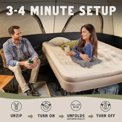 Colchón inflable tamaño Queen: capacidad de 660 libras, garantía de 5 años, autoinflable en 3-4 minutos, bomba a batería y estructura integradas, estuche con ruedas; la solución definitiva para habitaciones de invitados y acampadas.