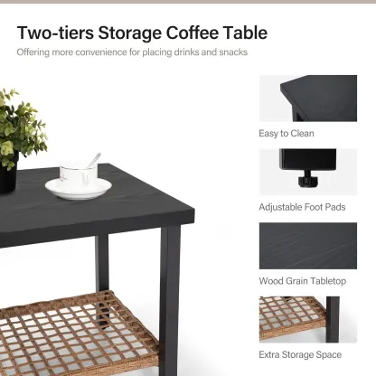 Set de 3 Muebles de Jardín Tipo Mecedora con Cojines Gruesos y Mesa de Café de 2 Niveles, Conjunto de Ratán para Exterior, Ideal para Patio, Jardín y Balcón (Beige)