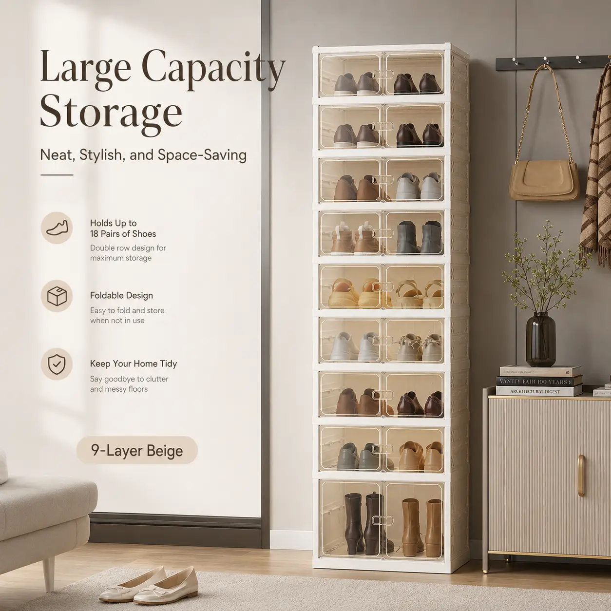 Zapatero plegable con puertas magnéticas transparentes, unidad de almacenamiento de 9 niveles para 18 pares de zapatos, diseño sencillo, gran capacidad, resistente, zapatero de plástico apilable, ahorra espacio, no requiere instalación.