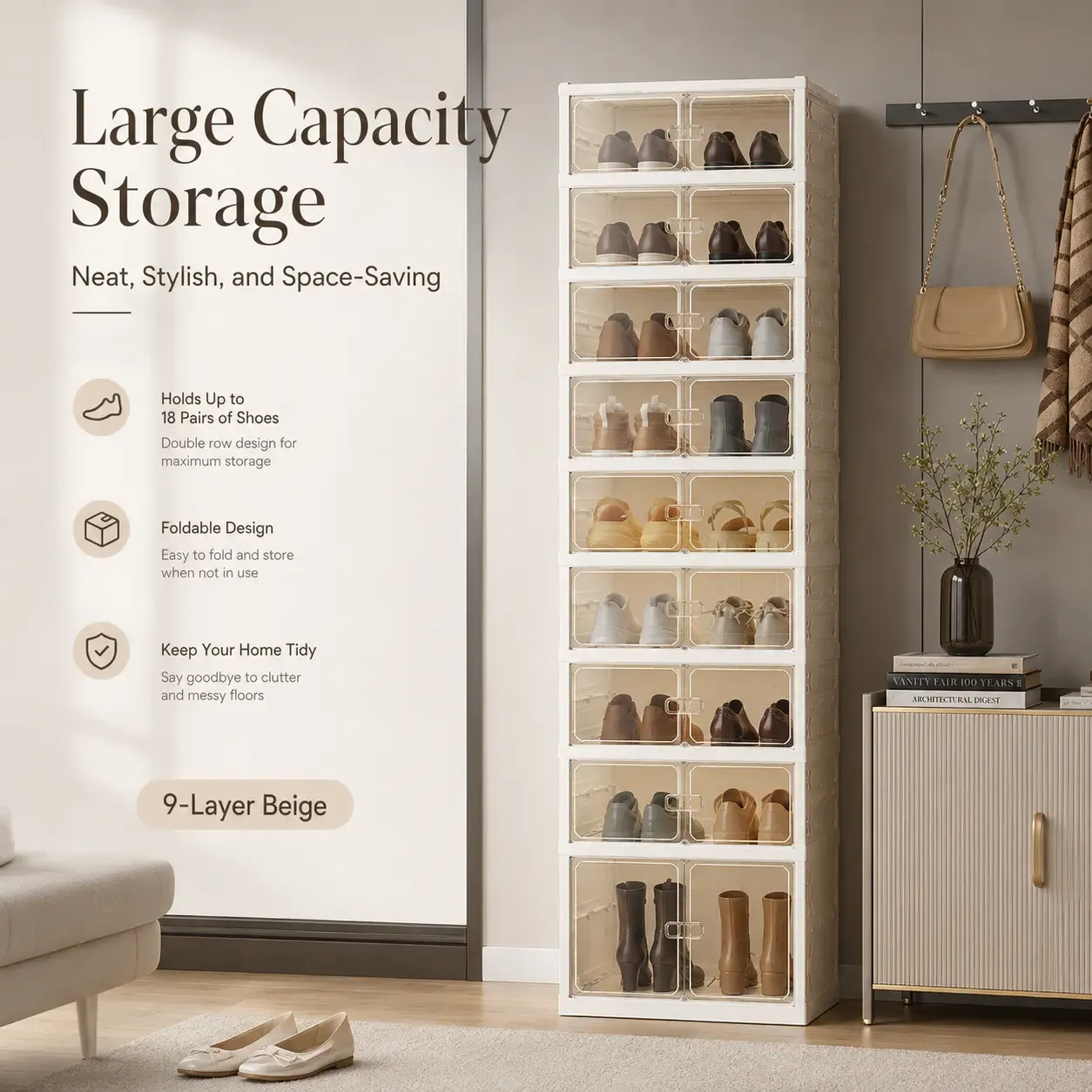Zapatero plegable con puertas magnéticas transparentes, unidad de almacenamiento de 9 niveles para 18 pares de zapatos, diseño sencillo, gran capacidad, resistente, zapatero de plástico apilable, ahorra espacio, no requiere instalación.