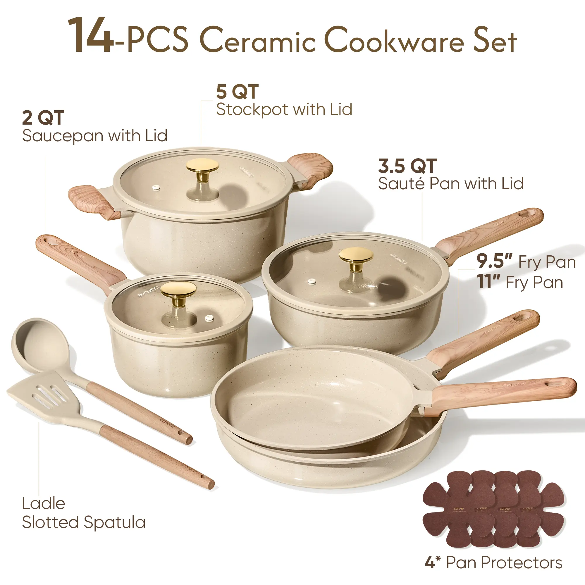 Juego de utensilios de cocina de cerámica de 14, 18 o 24 piezas: antiadherente, saludable, libre de PFAS y apto para lavavajillas.