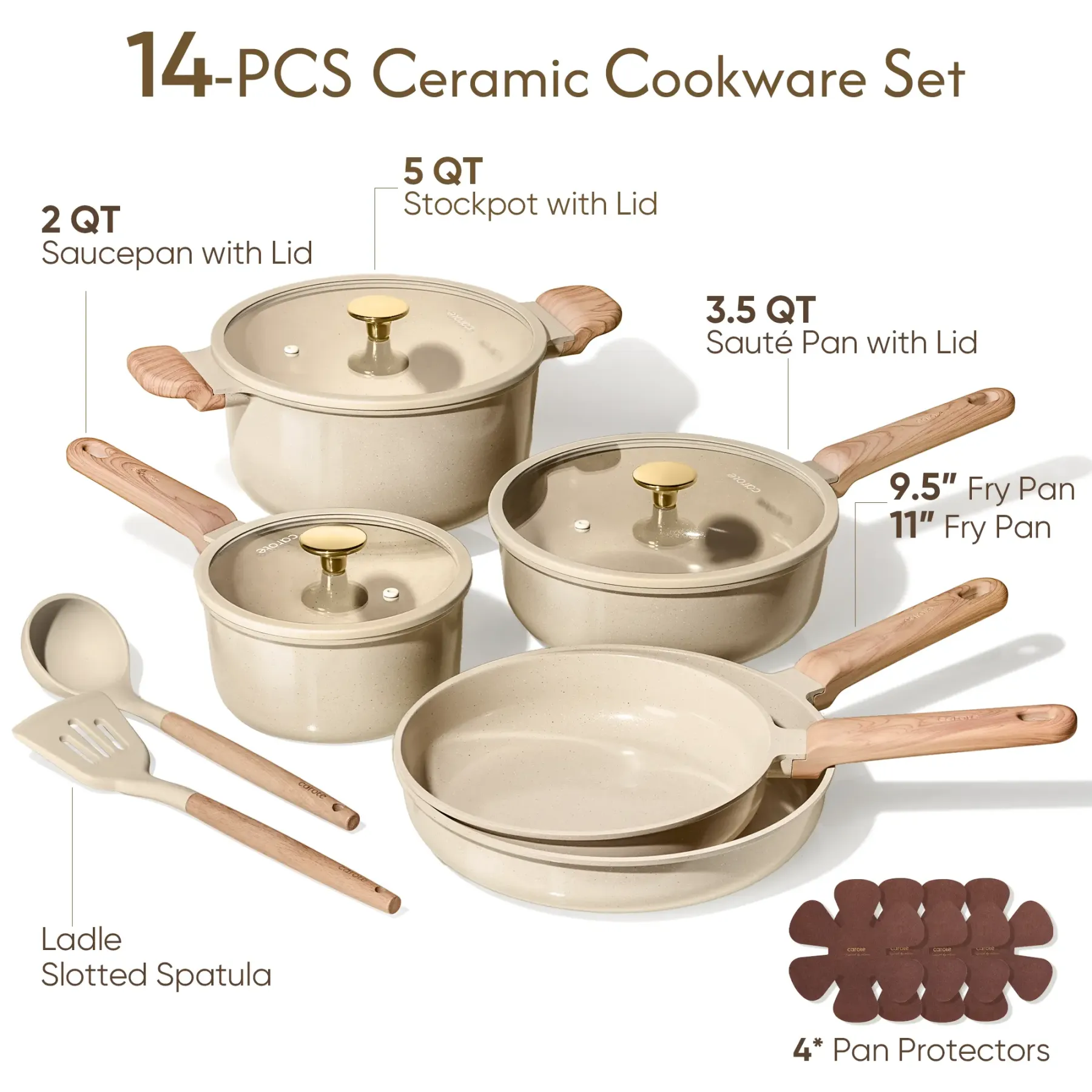 Juego de utensilios de cocina de cerámica de 14, 18 o 24 piezas: antiadherente, saludable, libre de PFAS y apto para lavavajillas.