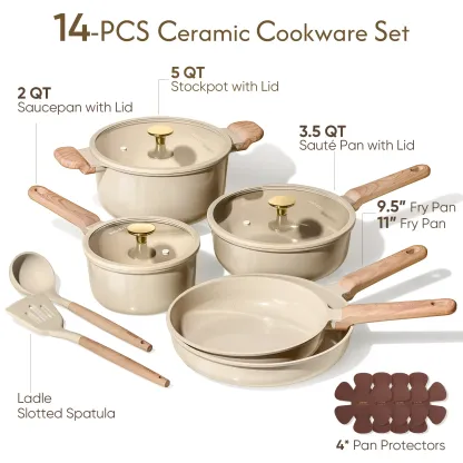 Juego de utensilios de cocina de cerámica de 14, 18 o 24 piezas: antiadherente, saludable, libre de PFAS y apto para lavavajillas.