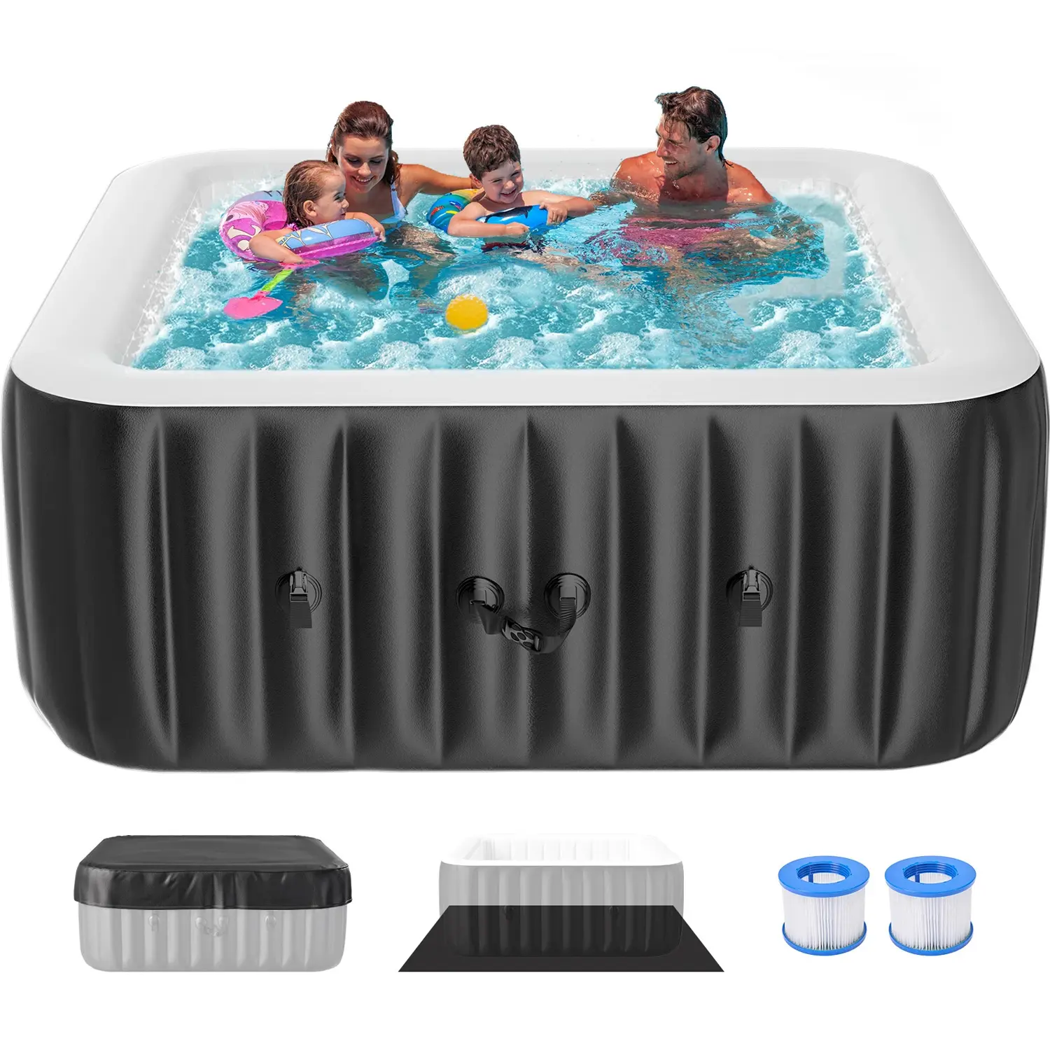 Spa Inflable Exterior para 4-6 Personas, Jacuzzi Portátil con 130 Chorros de Burbujas, Bomba de Calor y Filtro, Ideal para Patio y Jardín