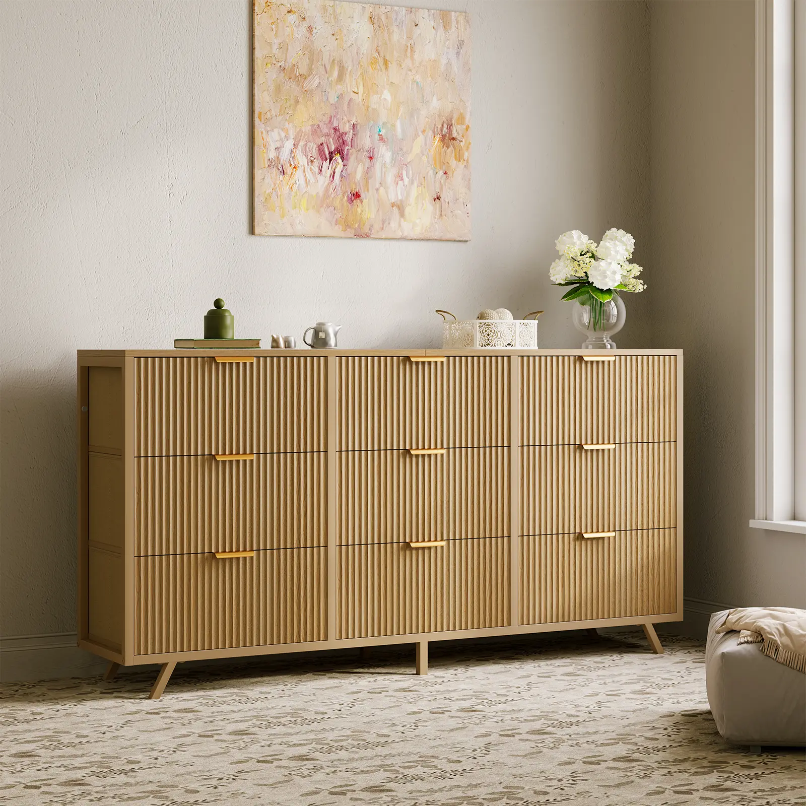 Cómoda de 9 Cajones de Tela, Aparador de Madera de 57", Mueble TV Moderno para 35/45/55", Gran Capacidad de Almacenamiento con Base Reforzada