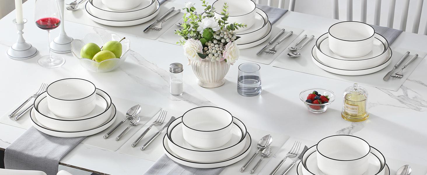 MALACASA LEAH Series Porcelain Tableware Set - 4/6-Person Ceramic Dinnerware Service Set, Chip-Resistant, Microwave & Dishwasher Safe Plates, Bowls & Pasta Dishes, Ceramic Dinnerware Set