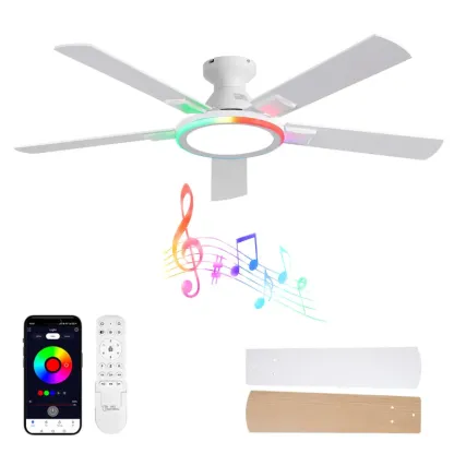 Ventilador de Techo de 52" con Luz, Iluminación Ambiental Multifuncional, Altavoz Bluetooth RGB Integrado, Motor Reversible de 6 Velocidades, Iluminación de Espectro Completo y Soluciones Inteligentes de Iluminación