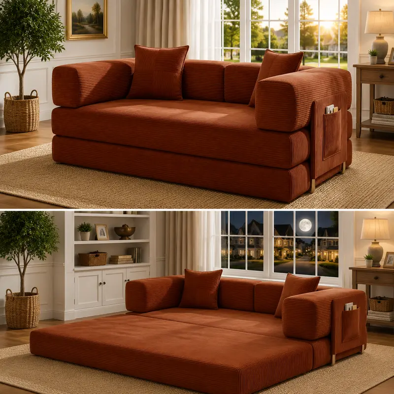 Sofá cama futón convertible de pana de 78,8 pulgadas; sofá sin estructura rígida que no requiere montaje, con bolsillo de almacenamiento para sala de estar; color verde; ideal para dormitorios y decoración del hogar.