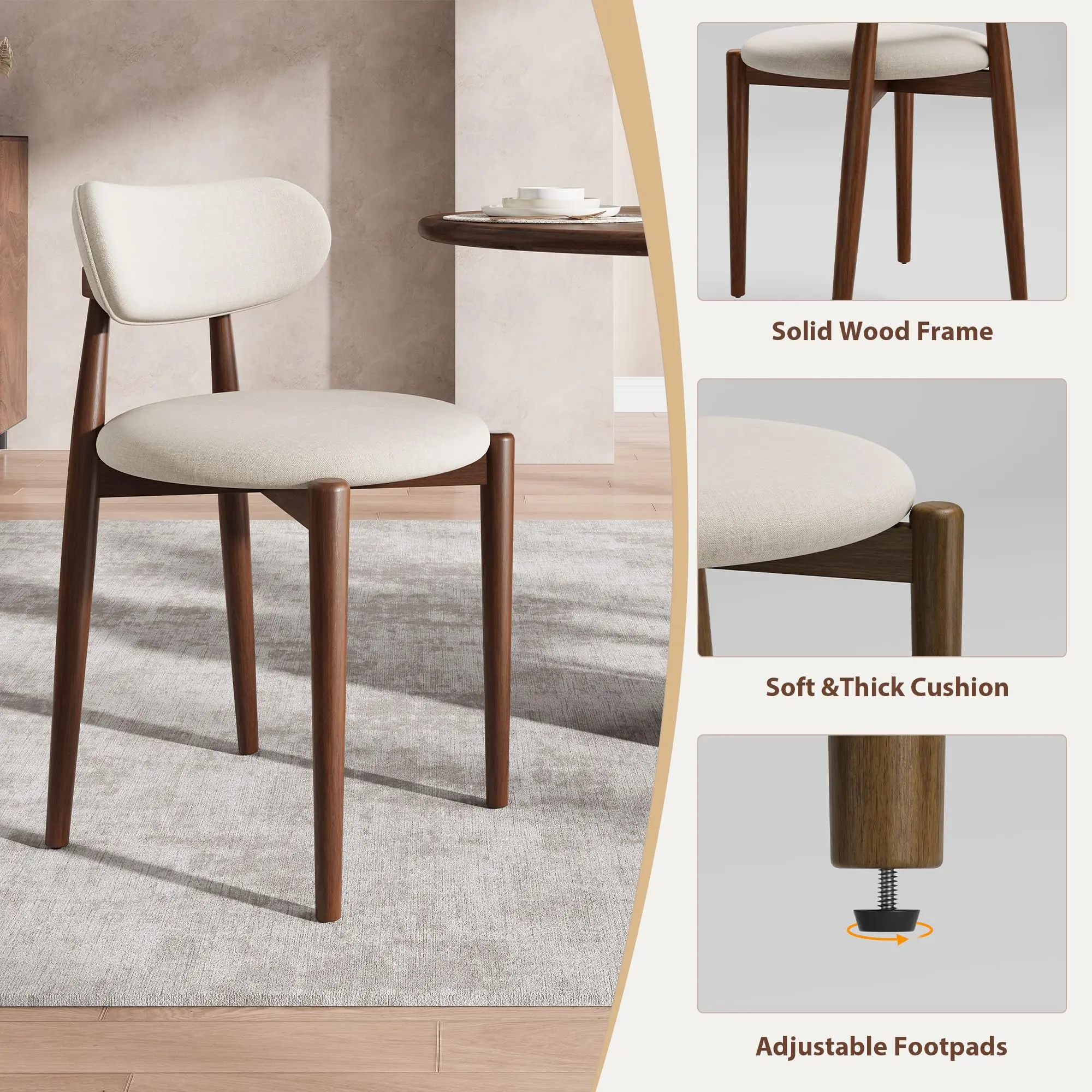 Juego de 2 sillas de comedor modernas de madera – Asientos tapizados en color blanco crema – Patas de madera resistentes – Estilo rústico (farmhouse) para comedor o tocador – Acabado clásico en blanco crema y nogal