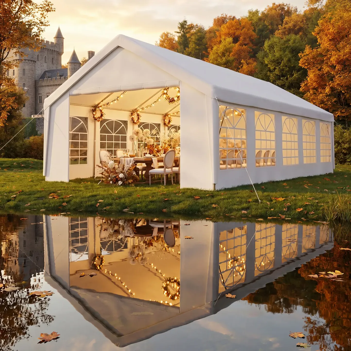 Carpa Grande para Exterior con Estructura de Acero, 32x16 FT/40x20 FT, Impermeable con Laterales Desmontables y Puerta Enrollable, Ideal para Bodas, Fiestas, BBQ y Camping