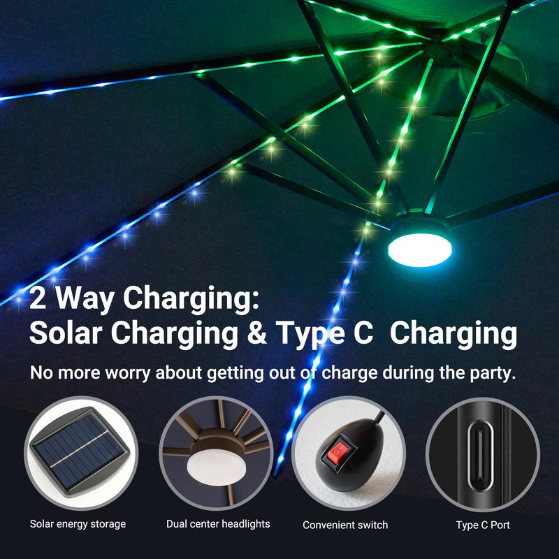 [Iluminación Mejorada de Mayor Brillo] Sombrilla de Patio Lateral Ajustable de Alta Gama (15 pies) con Luces Solares; Sombrilla de Piscina Exterior de Doble Cara y Tamaño Extra Grande con Manivela; Iluminación Solar con Cambio de Color y Protección UV; So