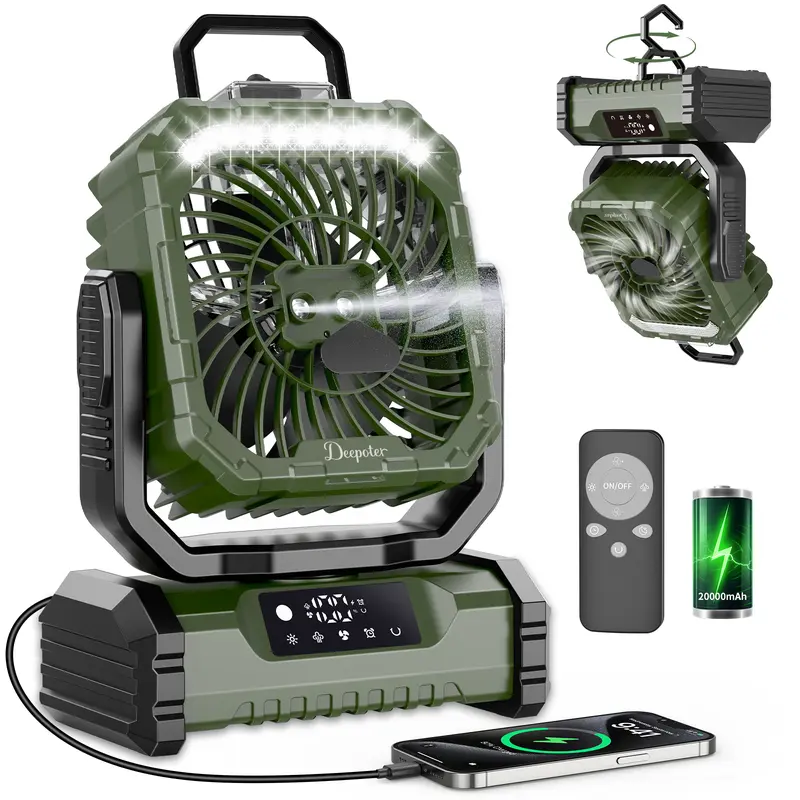 Ventilador Recargable para Camping con Luz LED, Pulverizador Humidificador, Cabezal Oscilante, Inalámbrico, Ligero y Portátil, Funciona con Batería