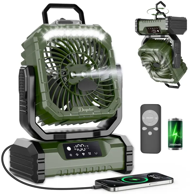 Ventilador Recargable para Camping con Luz LED, Pulverizador Humidificador, Cabezal Oscilante, Inalámbrico, Ligero y Portátil, Funciona con Batería