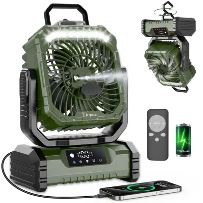 Ventilador Recargable para Camping con Luz LED, Pulverizador Humidificador, Cabezal Oscilante, Inalámbrico, Ligero y Portátil, Funciona con Batería