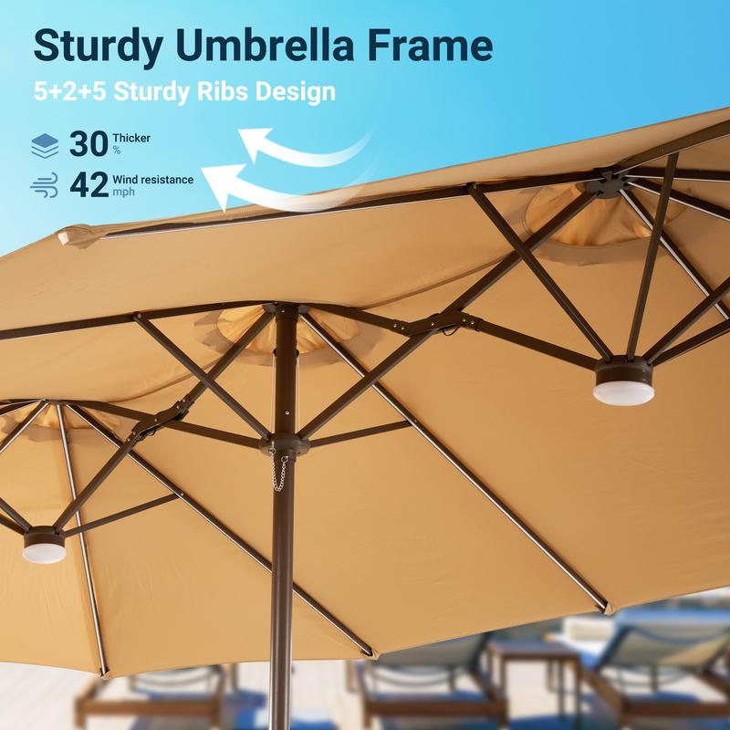 [Iluminación Mejorada de Mayor Brillo] Sombrilla de Patio Lateral Ajustable de Alta Gama (15 pies) con Luces Solares; Sombrilla de Piscina Exterior de Doble Cara y Tamaño Extra Grande con Manivela; Iluminación Solar con Cambio de Color y Protección UV; So