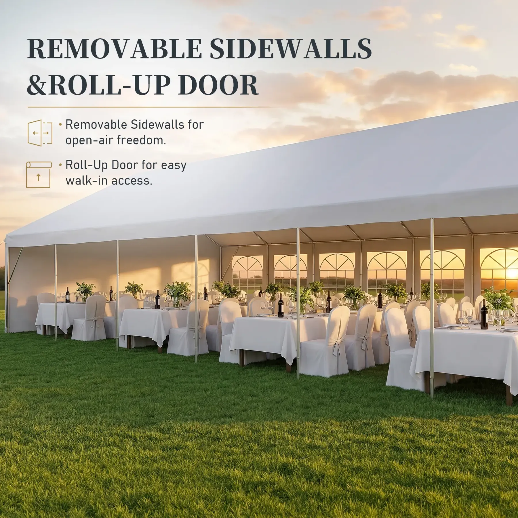 Carpa Grande para Exterior con Estructura de Acero, 32x16 FT/40x20 FT, Impermeable con Laterales Desmontables y Puerta Enrollable, Ideal para Bodas, Fiestas, BBQ y Camping