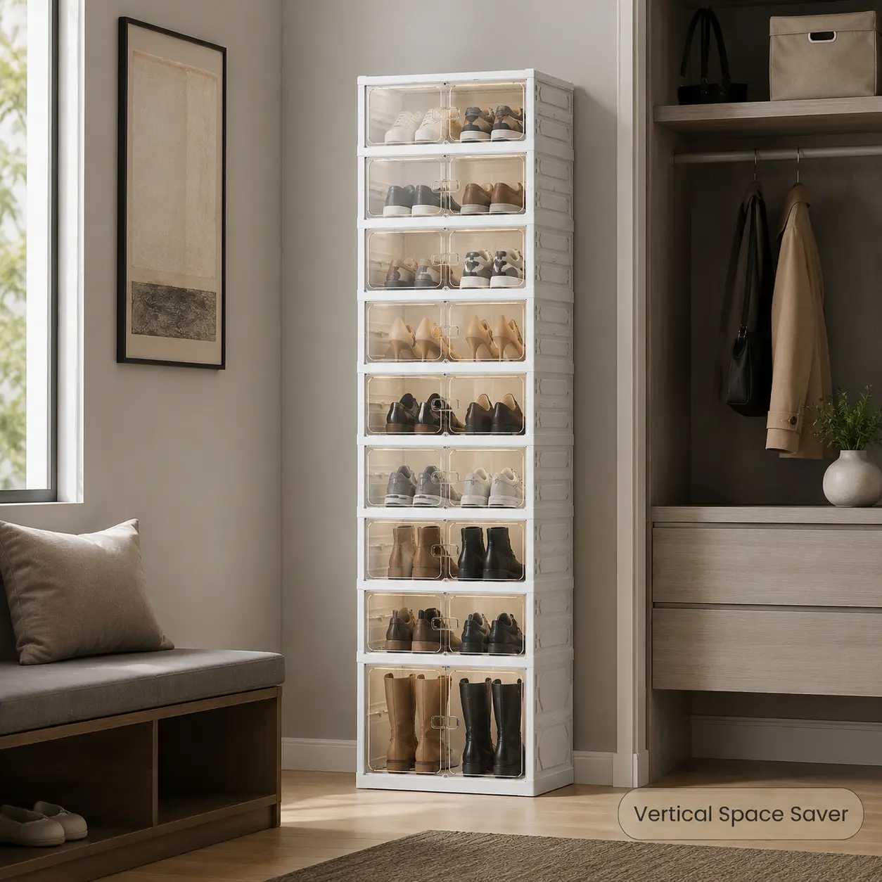 Zapatero plegable con puertas magnéticas transparentes, unidad de almacenamiento de 9 niveles para 18 pares de zapatos, diseño sencillo, gran capacidad, resistente, zapatero de plástico apilable, ahorra espacio, no requiere instalación.