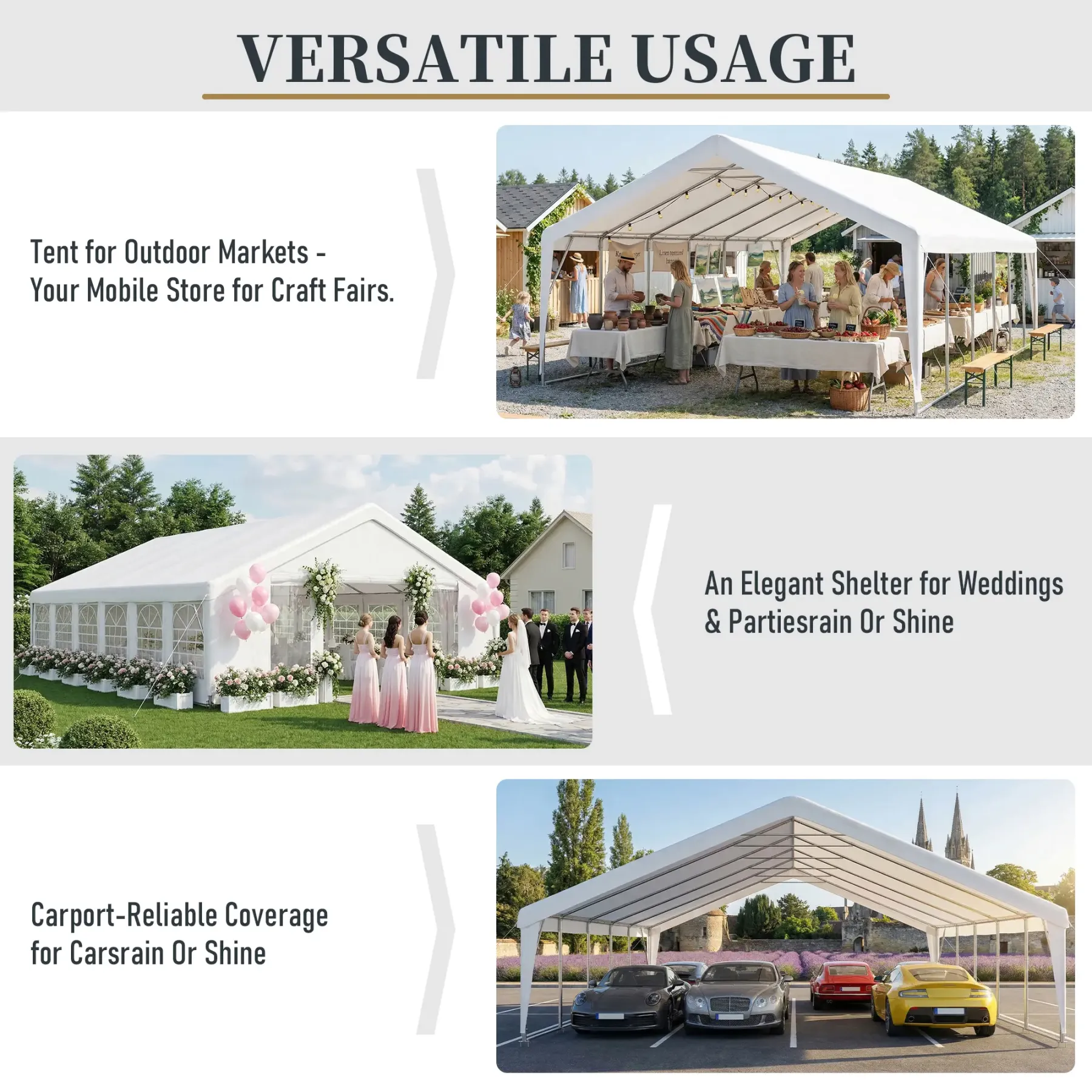 Carpa Grande para Exterior con Estructura de Acero, 32x16 FT/40x20 FT, Impermeable con Laterales Desmontables y Puerta Enrollable, Ideal para Bodas, Fiestas, BBQ y Camping