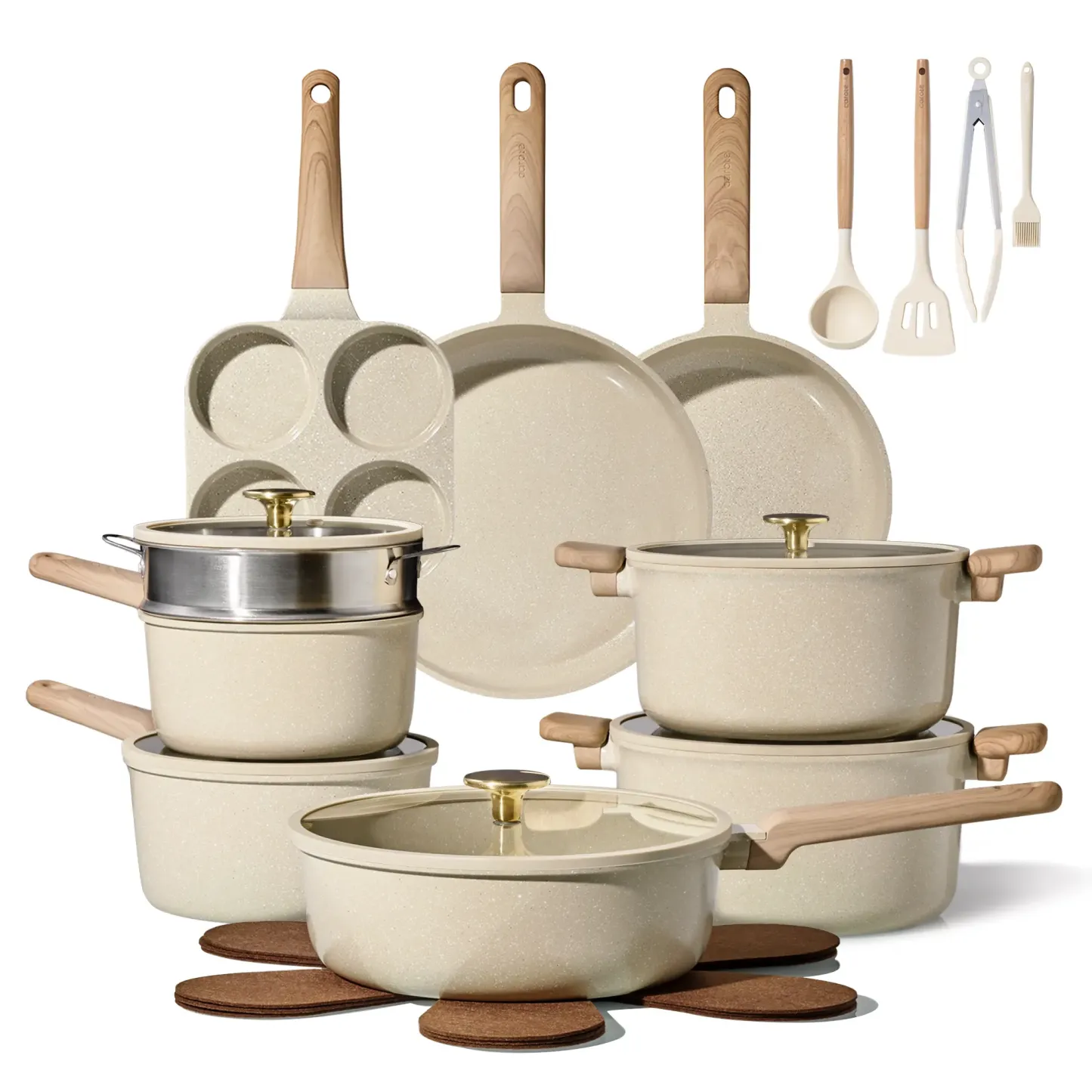 Juego de utensilios de cocina de cerámica de 14, 18 o 24 piezas: antiadherente, saludable, libre de PFAS y apto para lavavajillas.