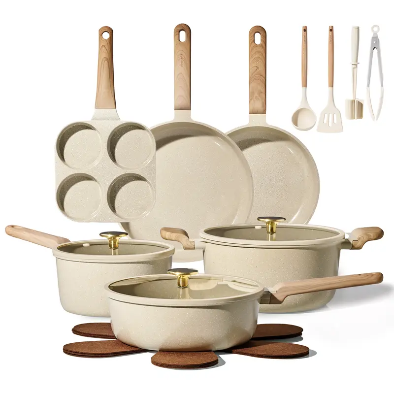 Juego de utensilios de cocina de cerámica de 14, 18 o 24 piezas: antiadherente, saludable, libre de PFAS y apto para lavavajillas.